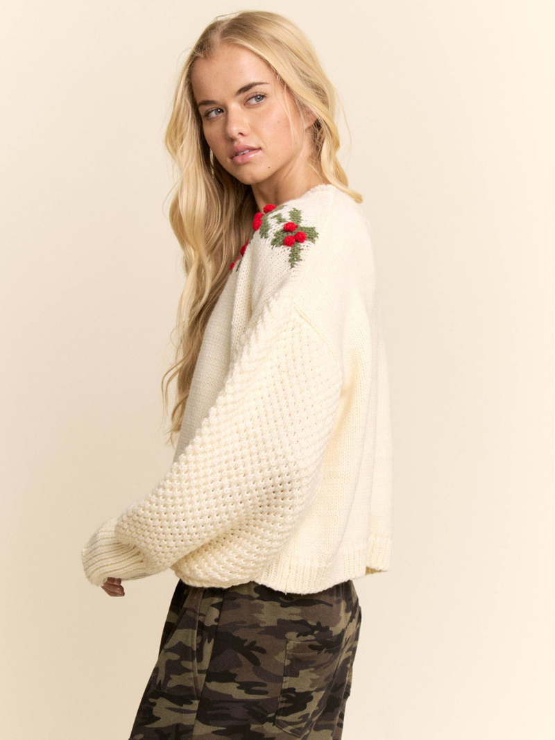 Holly Wreath Balloon Sleeve Sweater