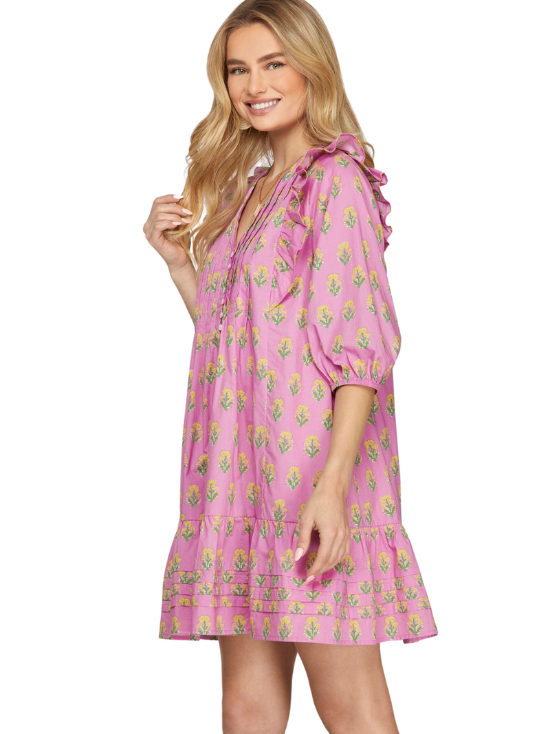 Yellow Flowers 3/4 Sleeve Mini Dress