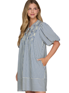 Navy Stripe Smocked Dress with Puff Sleeves