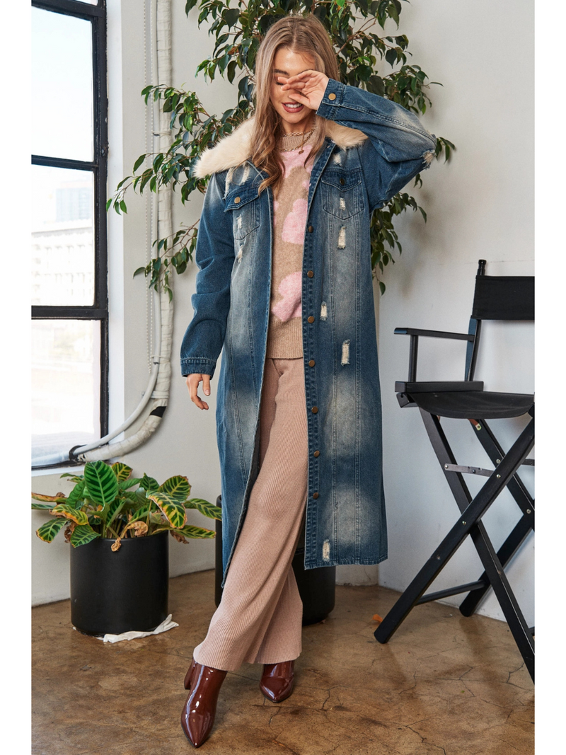 Faux Fur Collar Denim Duster Jacket