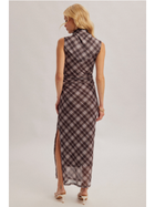 Midnight Plaid Ruched Midi Dress