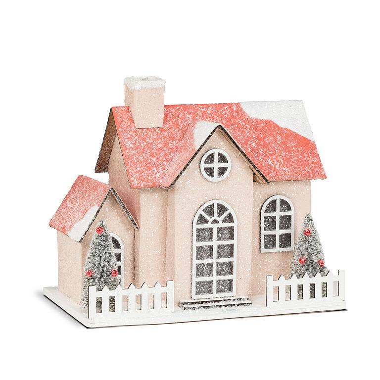 Medium Snowy Pink Glitter House w/ LED - 5.5x8.5"W