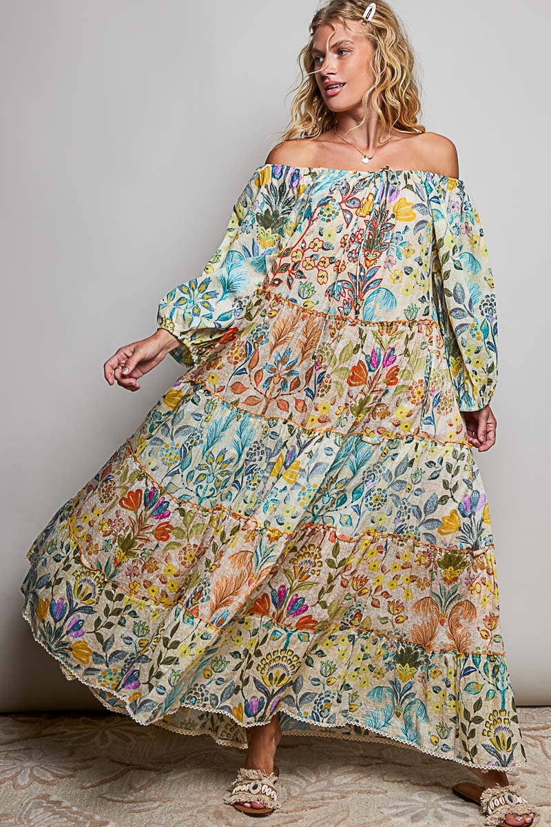 long sleeve boho maxi dress plus size 100% cotton Dress/Maxi dresses plus size fit M to XL floral boho dress