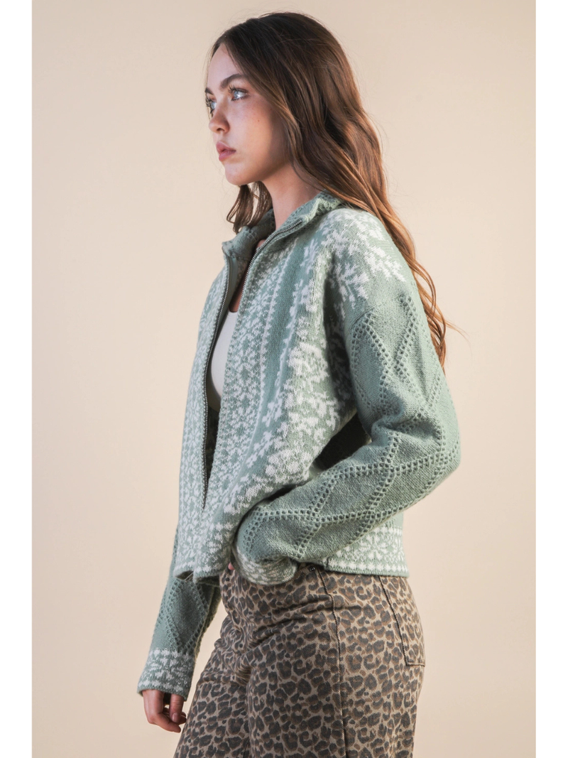 Nordic Charm Zip Cardigan Sage
