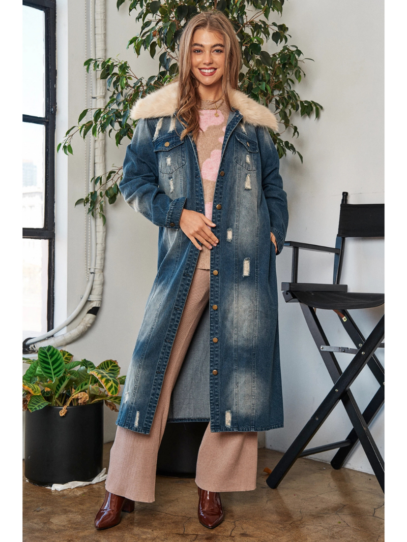 Faux Fur Collar Denim Duster Jacket