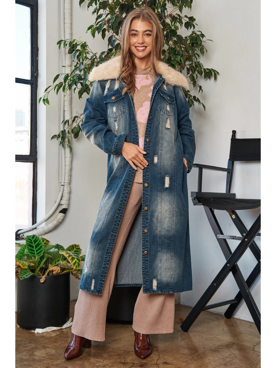 Faux Fur Collar Denim Duster Jacket – Grace & Joy Clothing Co.