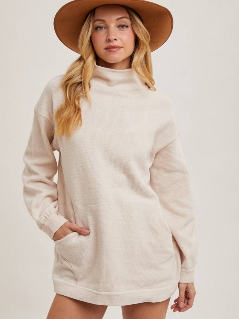Mock Neck Ribbed Knit Tunic Sweater