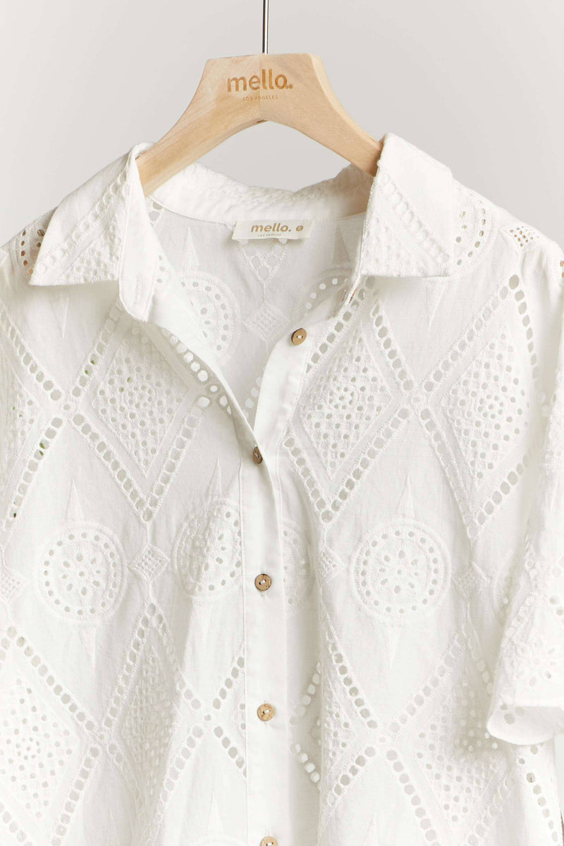 Short Sleeve Collared Button Down Lace Shirt