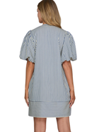 Navy Stripe Smocked Dress with Puff Sleeves