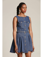 Button Front Denim Flounce Mini Dress