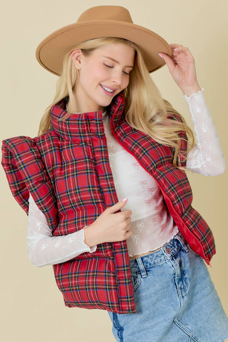 Plaid Puffer Vest With Ruffle Sleeves