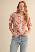 Red Floral Short Puff Cardigan