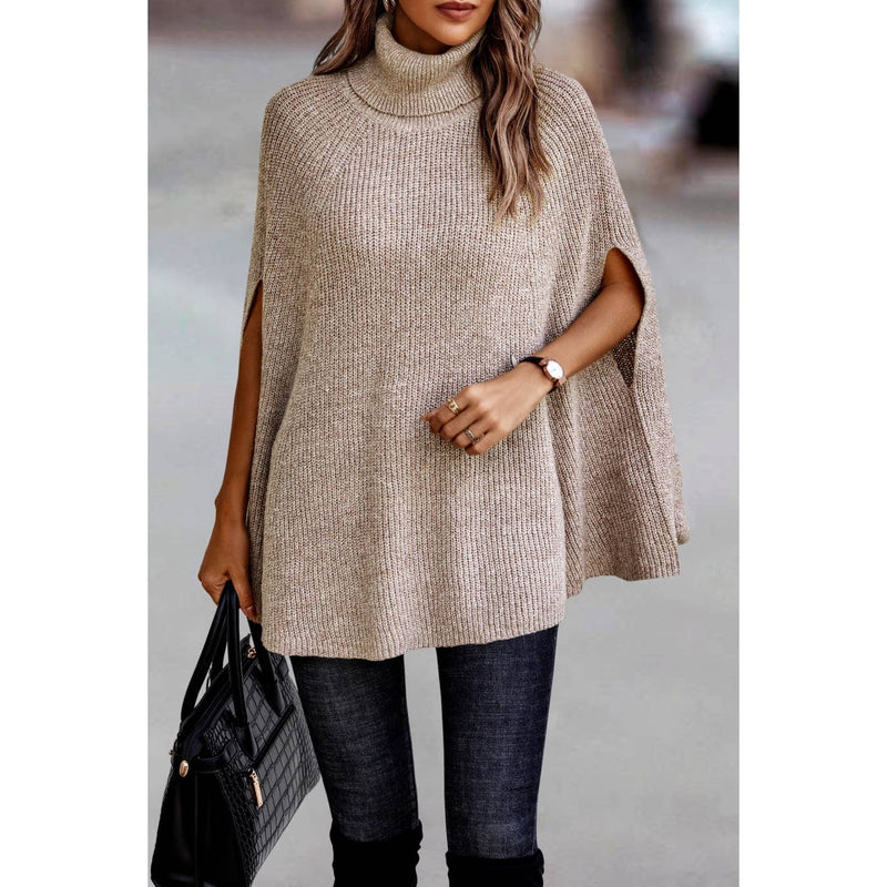 Turtleneck Knit Solid Poncho