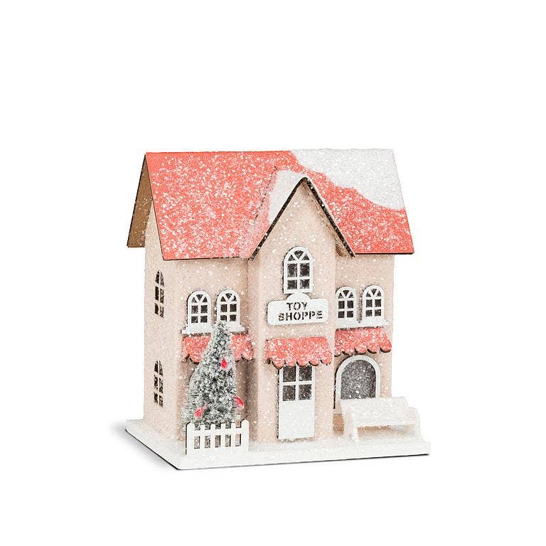 Small Snowy Pink Glitter Toy Shop w/ LED - 3.5x5"W