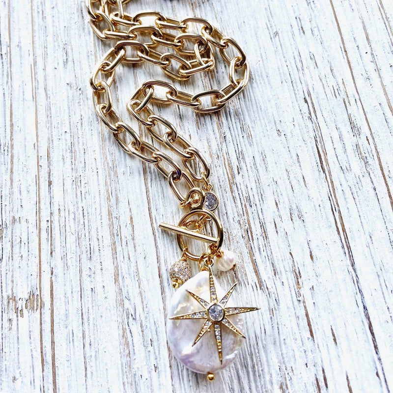 Fresh water pearl star gold  necklace
