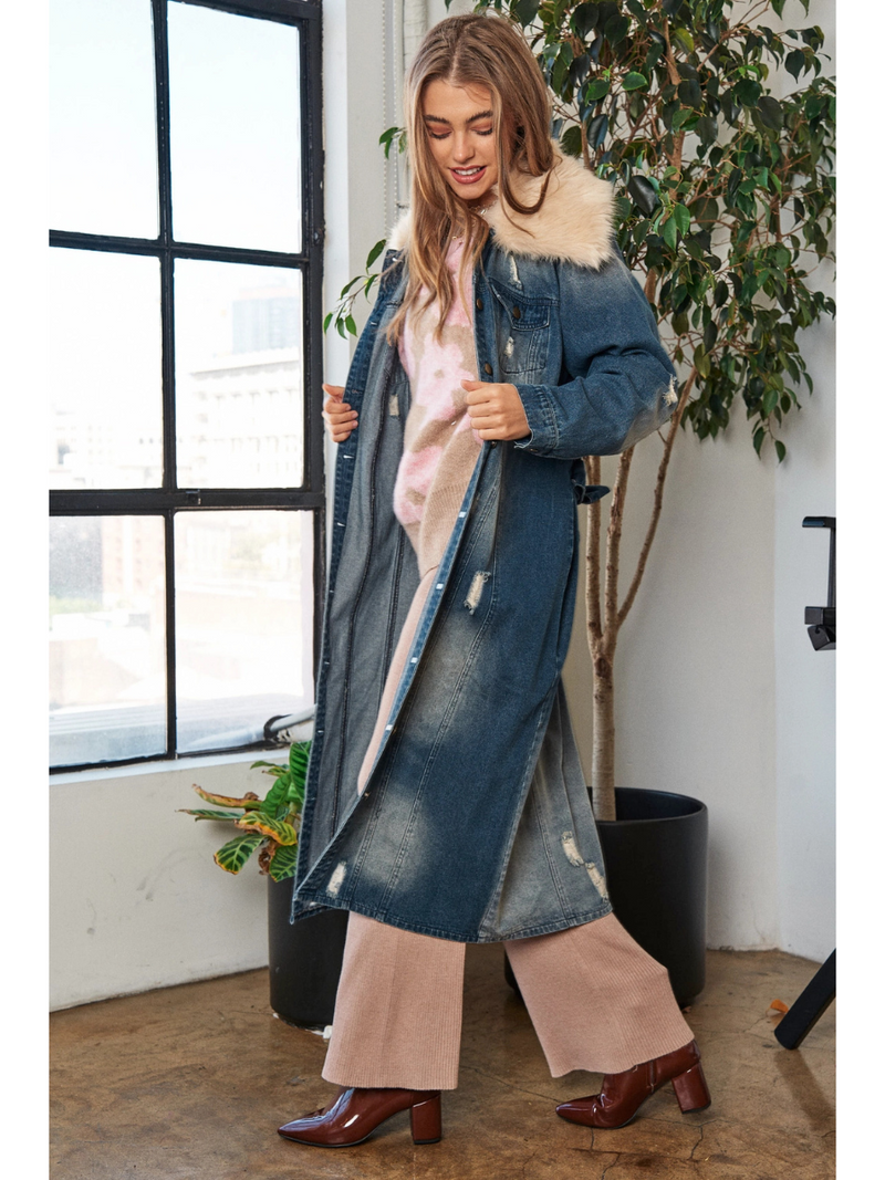 Faux Fur Collar Denim Duster Jacket