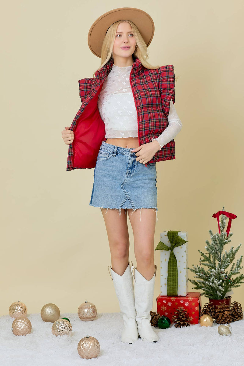 Plaid Puffer Vest With Ruffle Sleeves