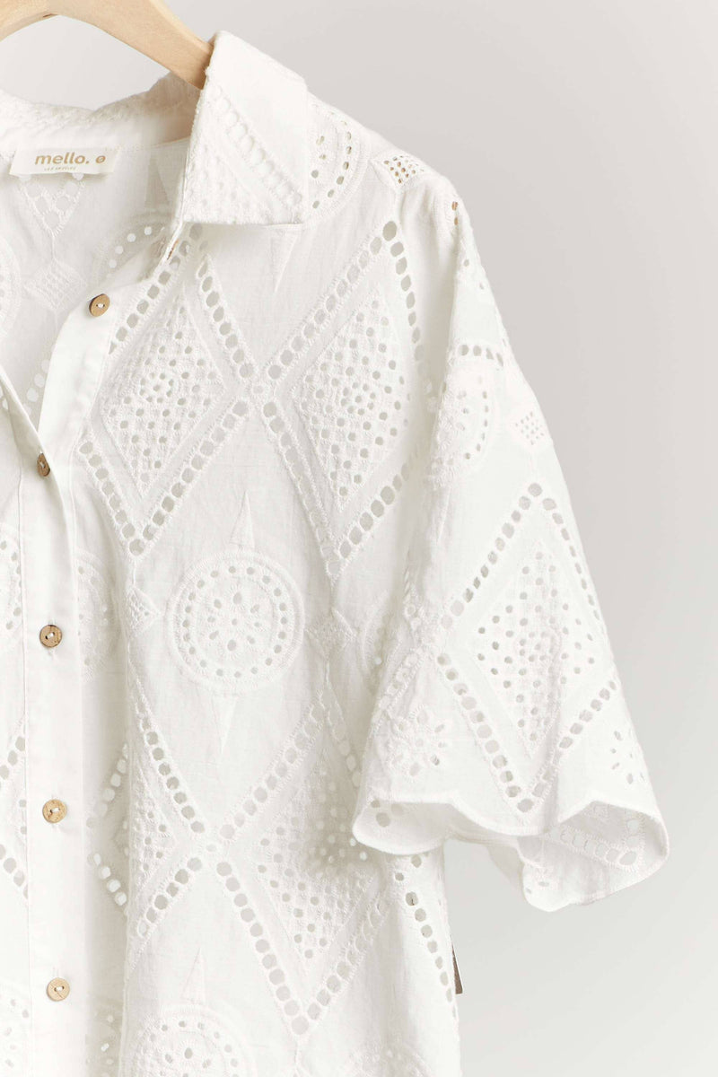 Short Sleeve Collared Button Down Lace Shirt