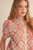 Red Floral Short Puff Cardigan