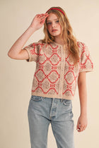 Red Floral Short Puff Cardigan