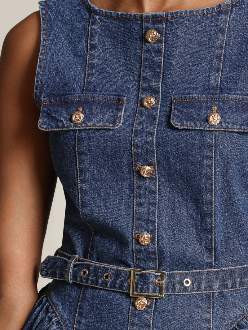 grace denim pocket mini dress Button Front Denim Flounce Mini Dress