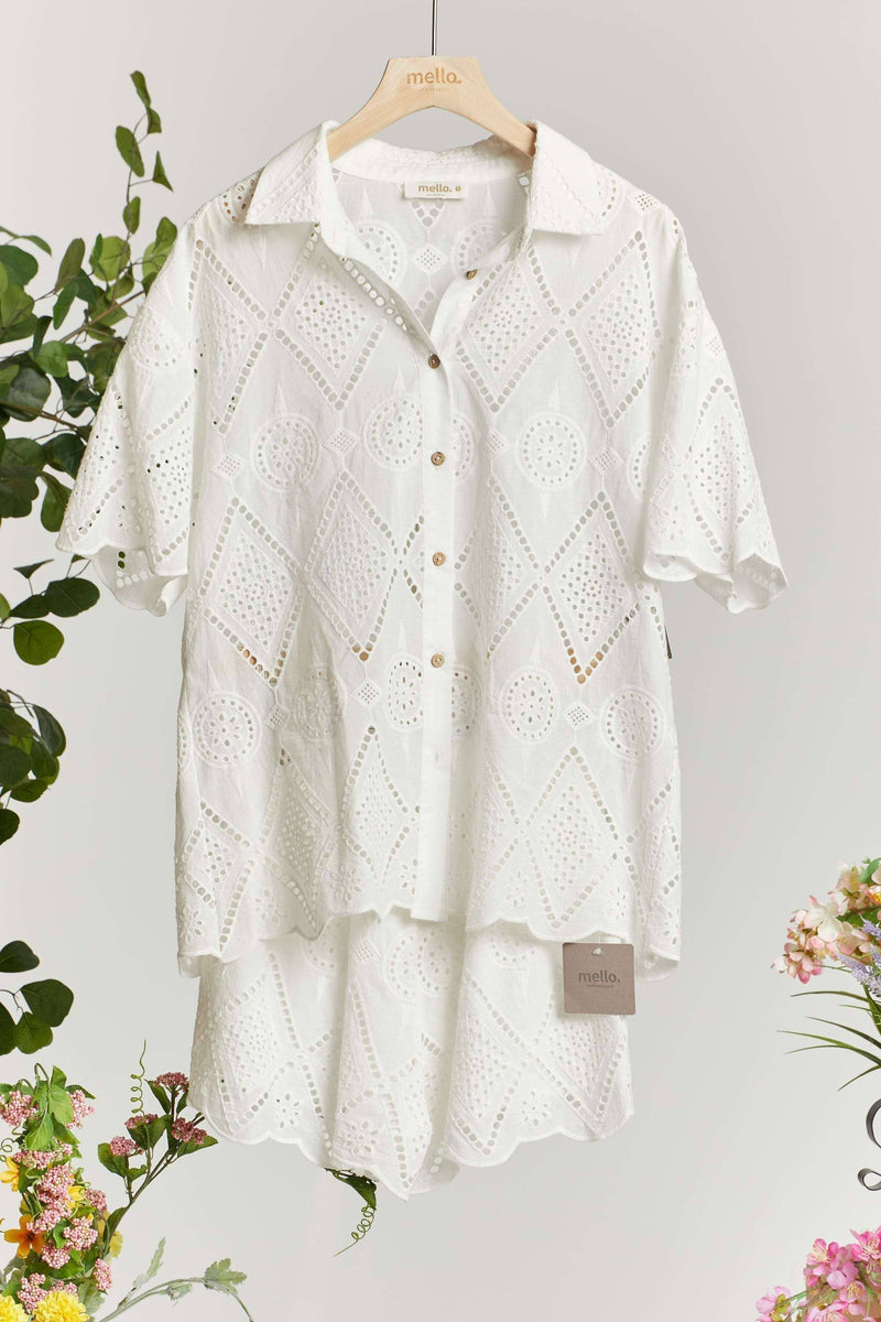 Short Sleeve Collared Button Down Lace Shirt