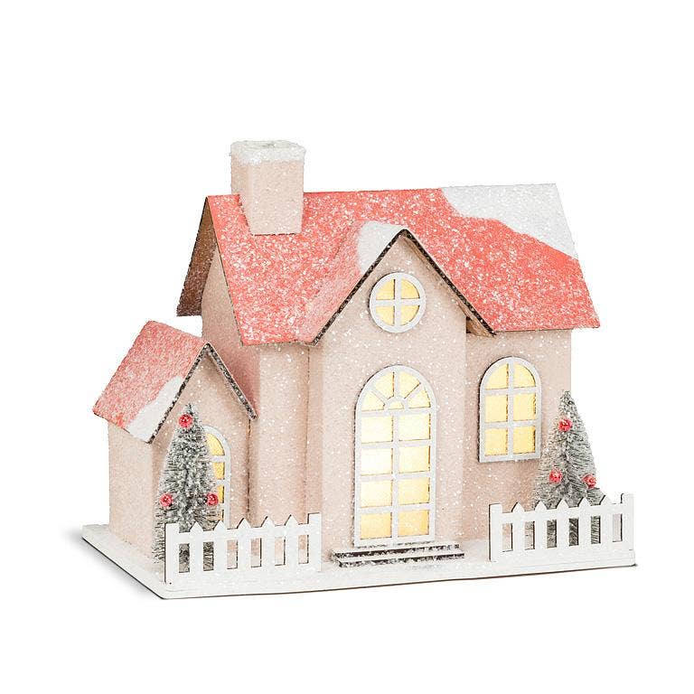 Medium Snowy Pink Glitter House w/ LED - 5.5x8.5"W