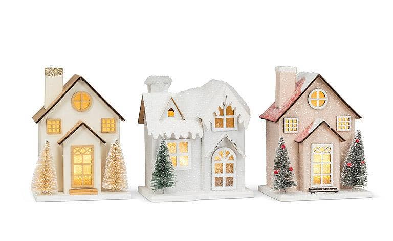 Small Snowy Pink Glitter House w/ LED - 3x4.5"W