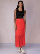 Solid Pleated Button Front Maxi Skirt