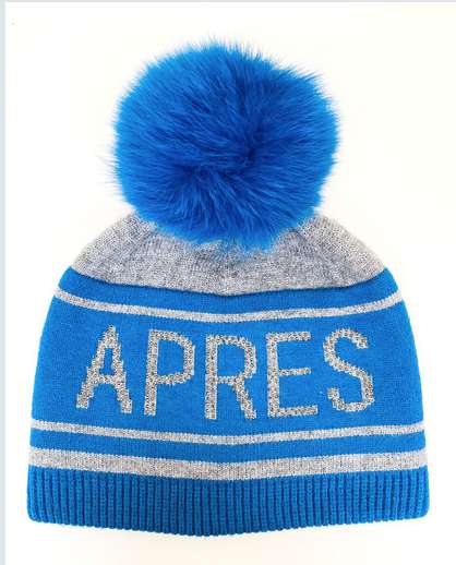 Knit Apres Ski Hat with Fox Pom Pom