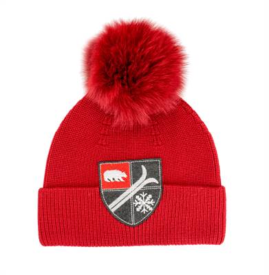 Knit Swiss Ski Patch Hat w/Fox Pom Pom