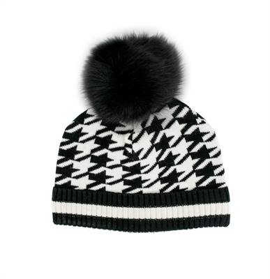 Houndstooth Beanie with Fox Fur Pom Pom