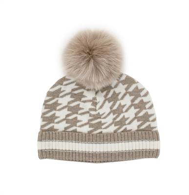 Houndstooth Beanie with Fox Fur Pom Pom