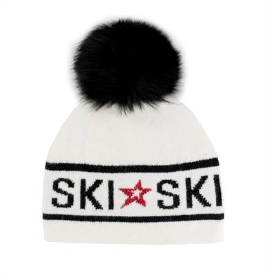 Knit "SKI" Hat w/crystals and Fox Pom Pom