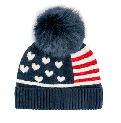 Flag Beanie with Fox Fur Pom Pom