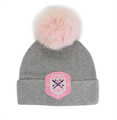 Knit Beanie w/Apres Patch & Fox Fur Pom Pom