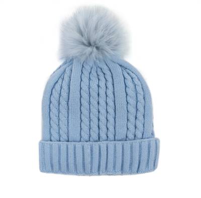 Cable Knit Beanie w/Fleece Lining and Fur Pom Pom