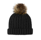 Cable Knit Beanie w/Fleece Lining and Fur Pom Pom