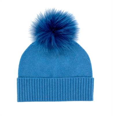 Knit Cashmere Hat w/Fox Pom Pom