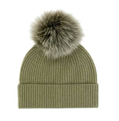 Ribbed Knit Cashmere Hat w/Fox Pom Pom