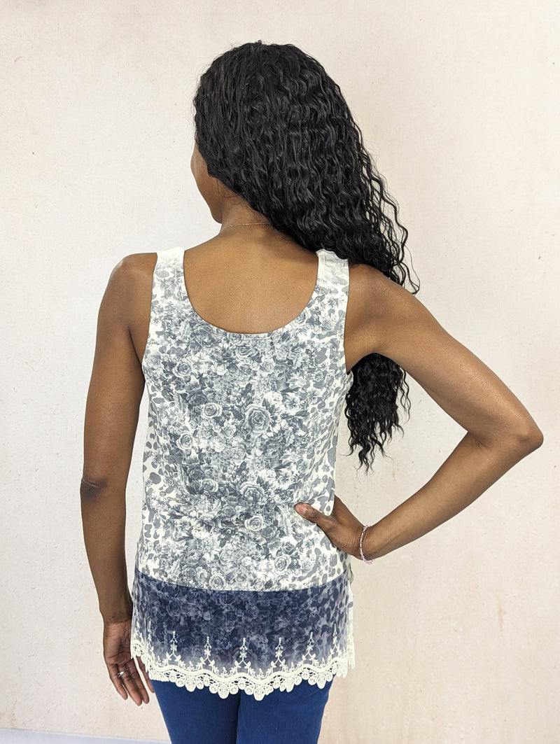Patterned Tank Top with Lace Trim