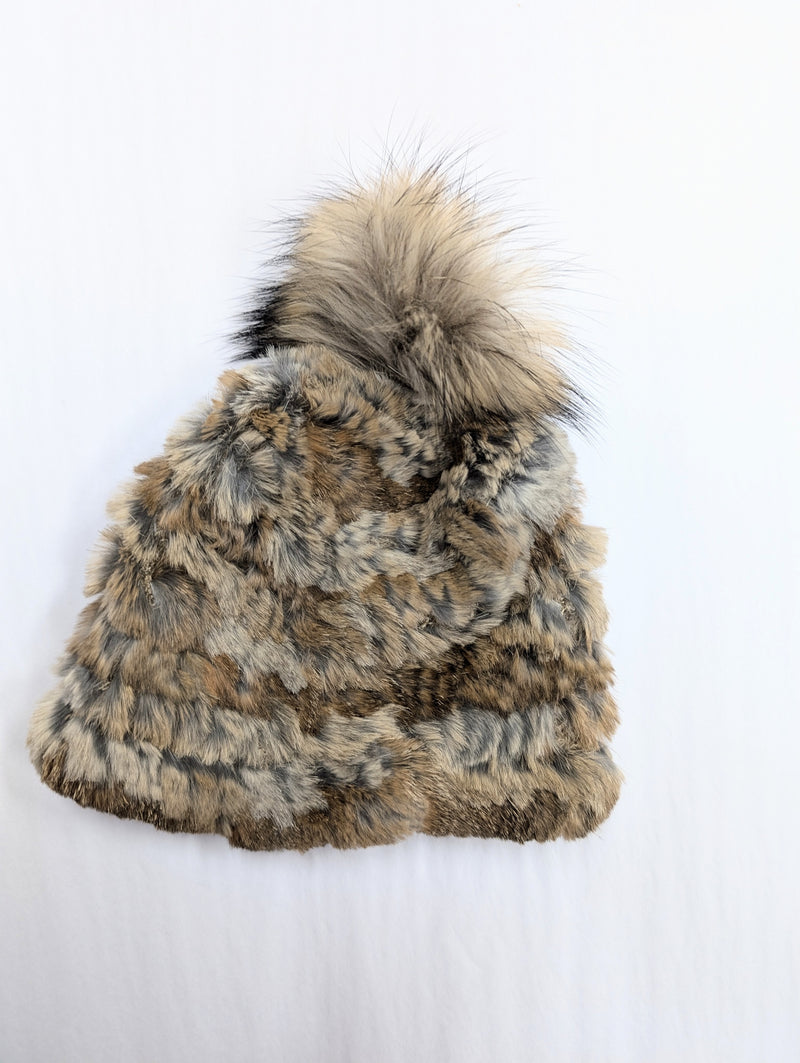 Knitted Rabbit Fur  Beanie with Pom