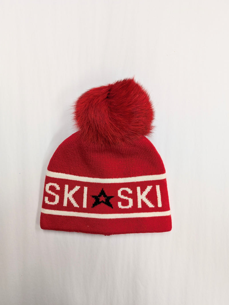 Knit "SKI" Hat w/crystals and Fox Pom Pom