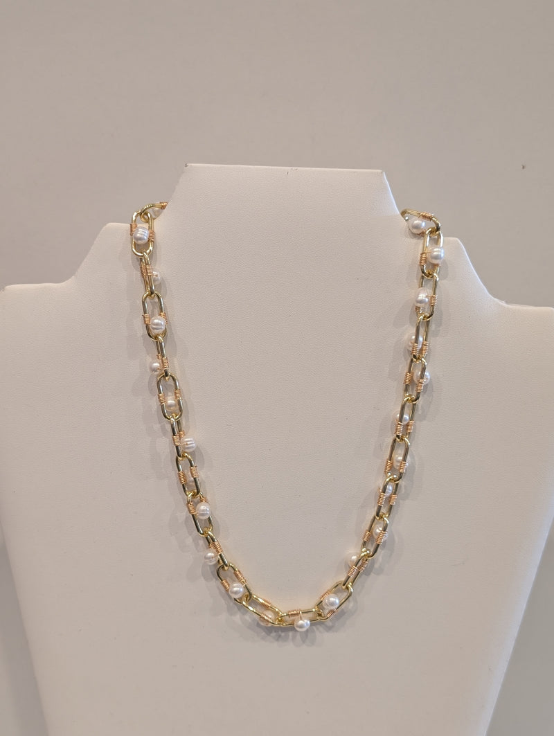 Paperclip Gold Chain w/Pearls Necklace