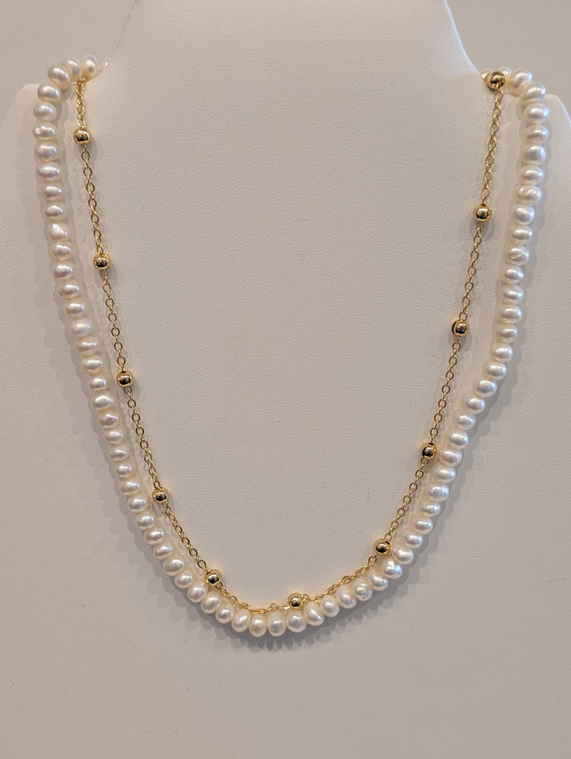 Double Strand Pearl and GF Chain Necklace