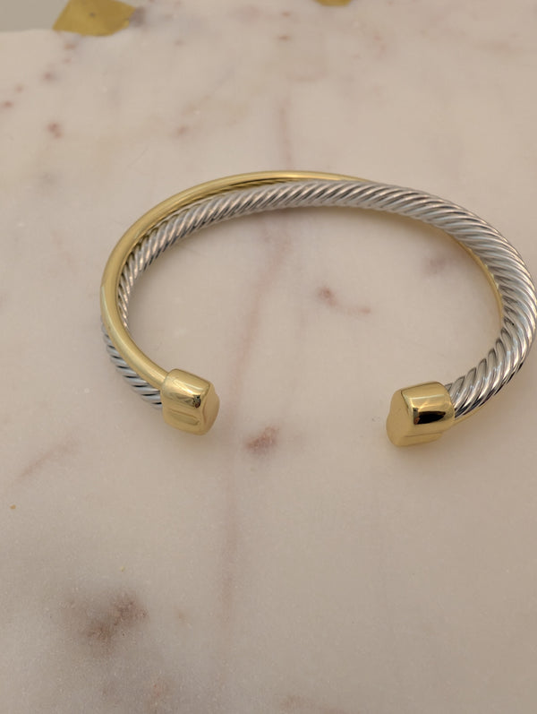 Gold & Silver Twist Open Bangle Bracelet