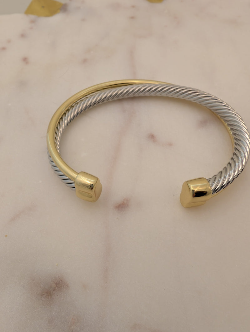 Gold & Silver Twist Open Bangle Bracelet