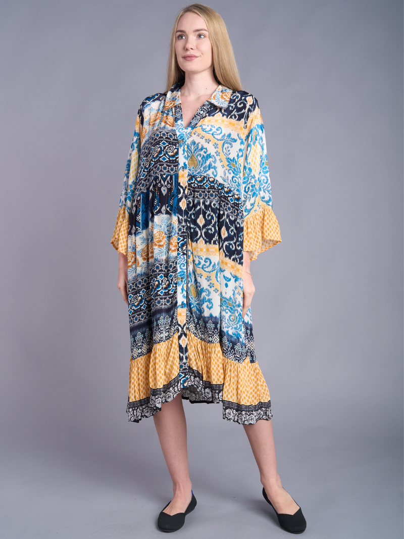 Silky Navy Marigold Ruffle Dress