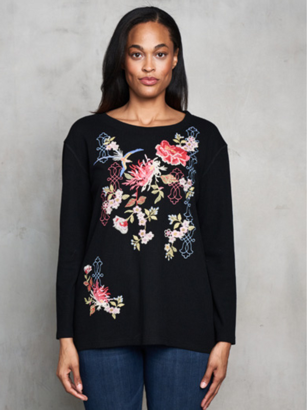 Black Floral Embroidered Knit Top
