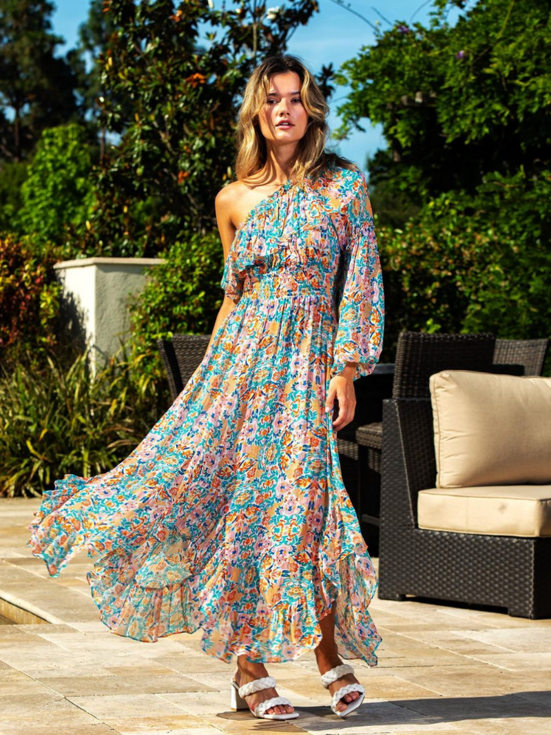 boho one shoulder dress Green Boho One-Shoulder Maxi Dress